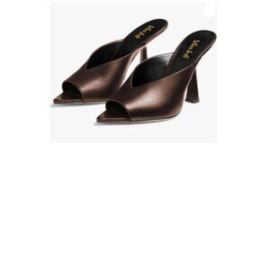 miss left Brown Peep Toe Cutout Mules Slip On High Heel Slide Sandals Dressy Dai